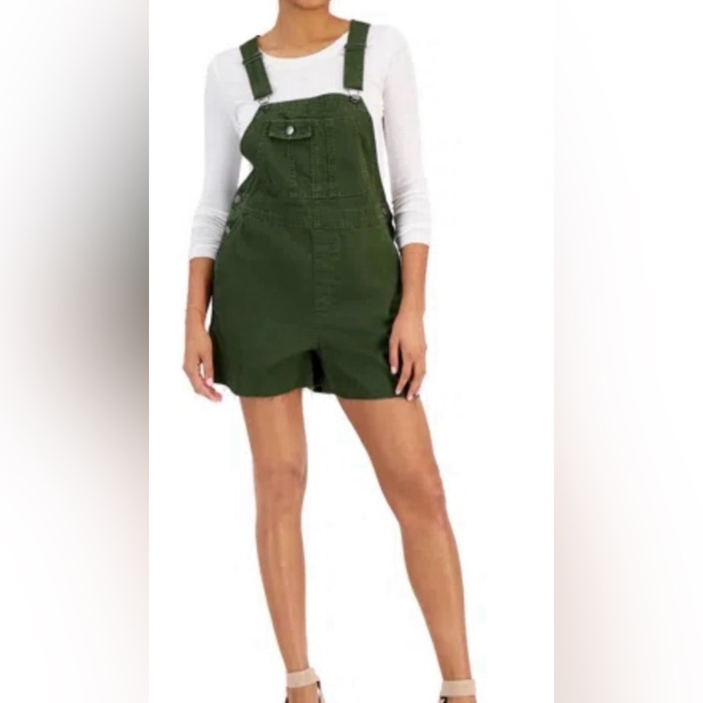 Tinseltown Raw Hem Denim Cotton Shortall Overalls In Green Size XS